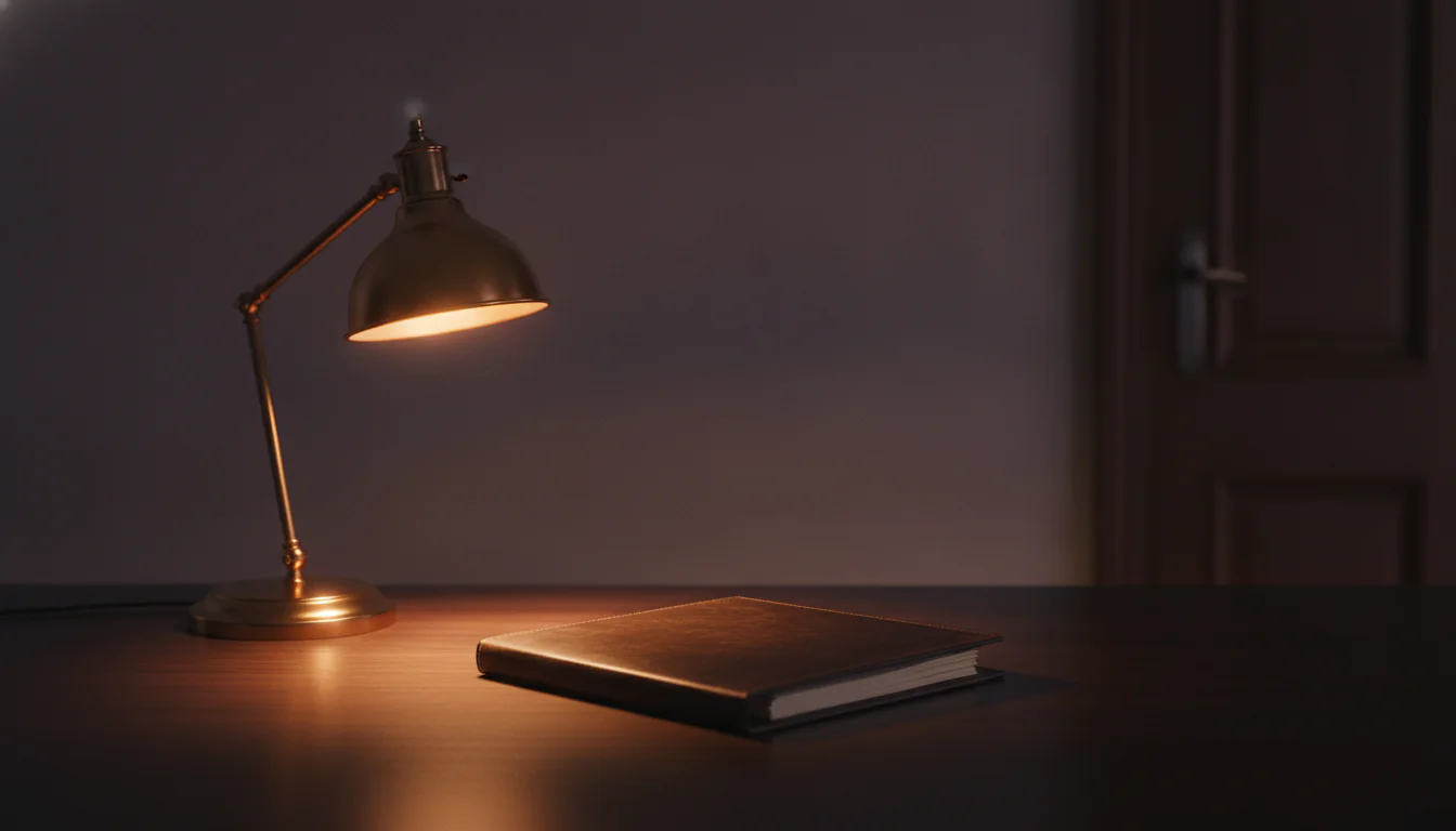 Lampa na biurku oświetla zamkniętą teczkę akt — nawiązka przy warunkowym umorzeniu