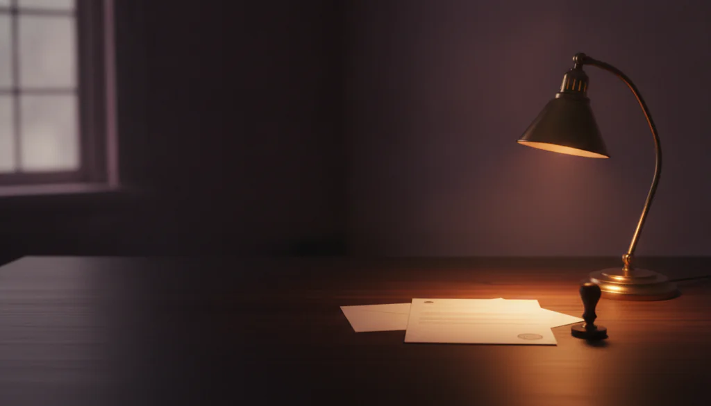 Lampa na biurku oświetla list i kopertę — odmowa zwrotu nawiązki z OC