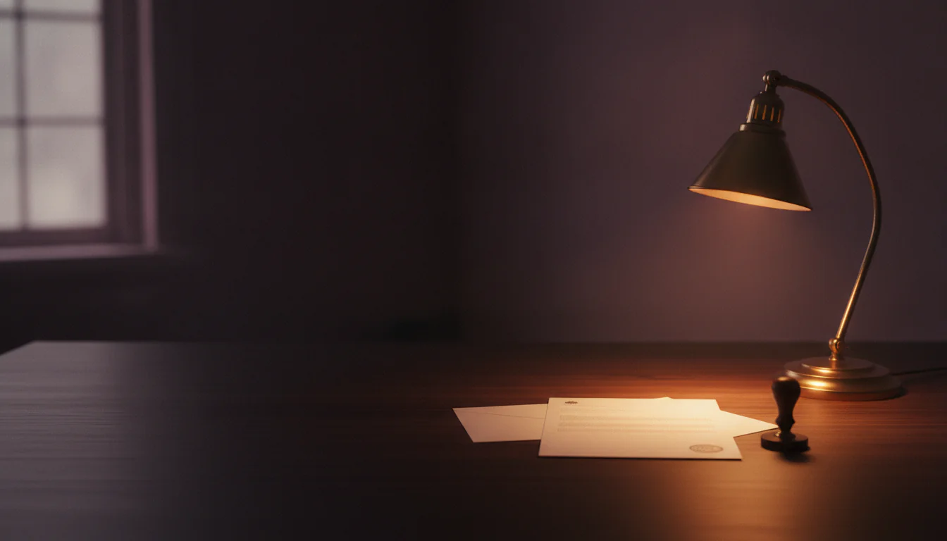 Lampa na biurku oświetla list i kopertę — odmowa zwrotu nawiązki z OC